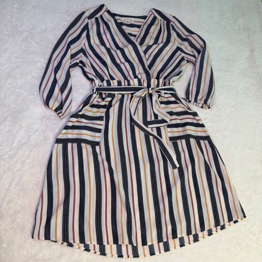 Monteau Los Angeles Striped Wrap Dress Navy Orange Cream V-Neck Pockets Large - Picture 4 of 16